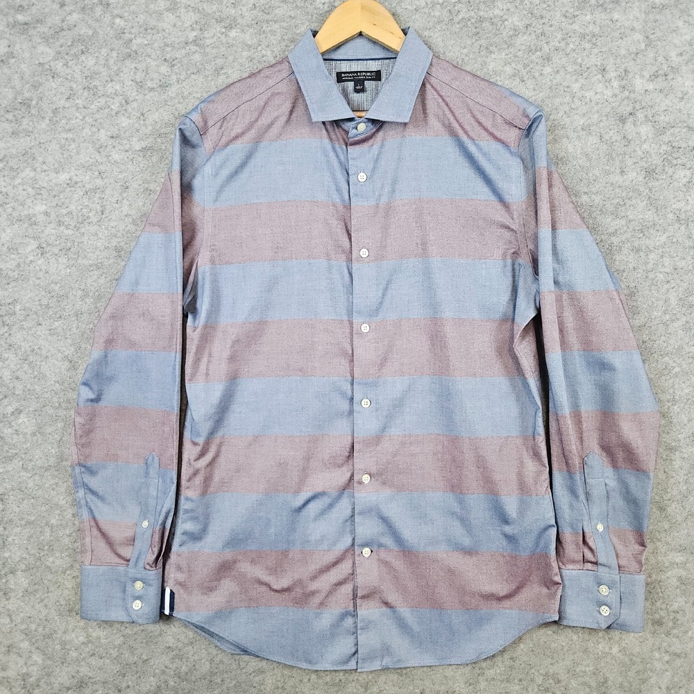 Banana Republic Men's Pale Red & Blue Rugby Striped Size L Dress Shirt‎ STAINS